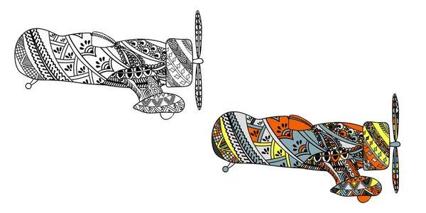 Avião com padrão étnico de rabiscos. Padrão inspirado Zentangle para anti stress colorir páginas de livros para adultos e crianças. Preto em branco e colorido em um —  Vetores de Stock