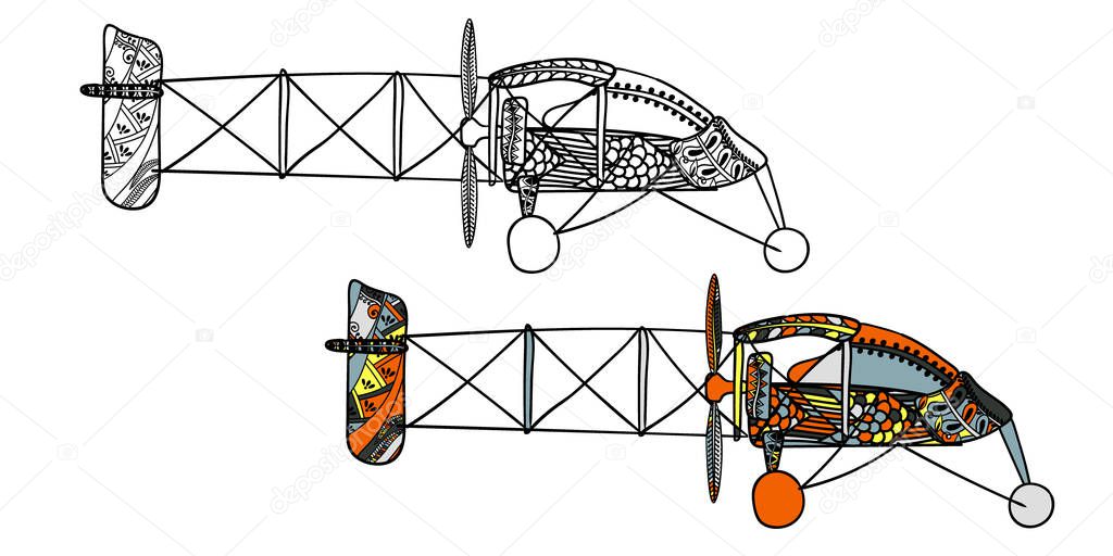 Airplane with ethnic doodle pattern. Zentangle inspired pattern for anti stress coloring book pages for adults and kids. Black on white and colored in one