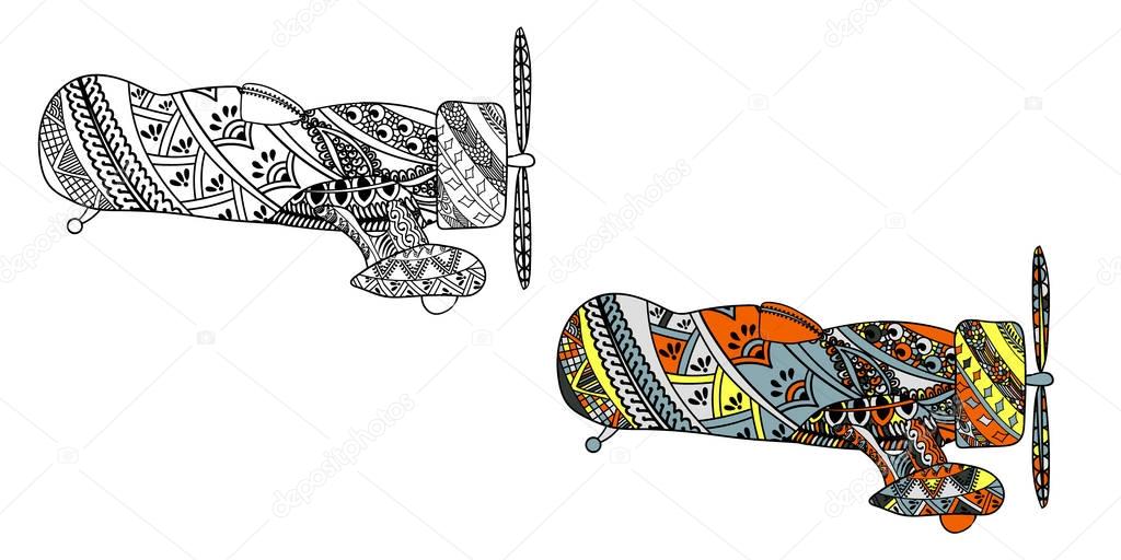 Airplane with ethnic doodle pattern. Zentangle inspired pattern for anti stress coloring book pages for adults and kids. Black on white and colored in one