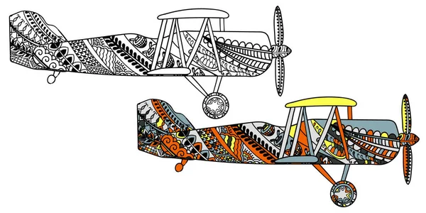 Avião com padrão étnico de rabiscos. Padrão inspirado Zentangle para anti stress colorir páginas de livros para adultos e crianças. Preto em branco e colorido em um — Vetor de Stock