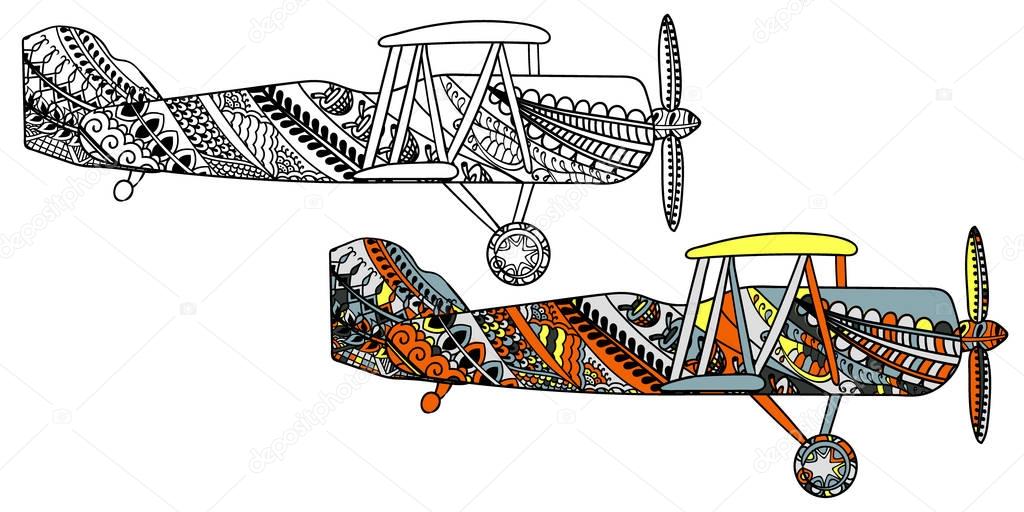 Airplane with ethnic doodle pattern. Zentangle inspired pattern for anti stress coloring book pages for adults and kids. Black on white and colored in one