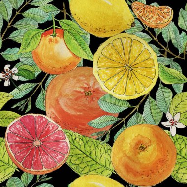 Siyah arka plan üzerine izole suluboya yaz narenciye seamless modeli