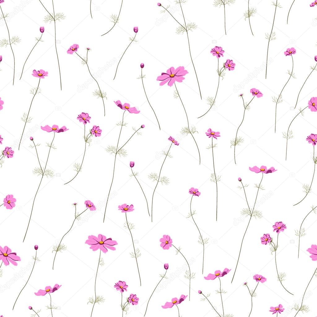 Seamless pattern with wild summer flowers on white background, editable