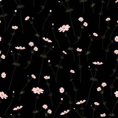 Siyah arka plan, düzenlenebilir vahşi yaz çiçekleri ile Seamless Modeli