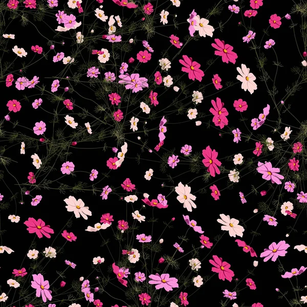 Seamless pattern with wild summer flowers on black background, editable — Stock Vector