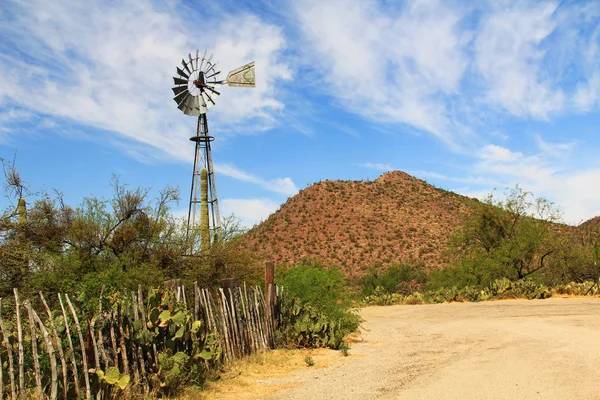 Vindmølle, fjell- og sommerfuglhage langs et gjerde på La Posta Quemada Ranch med kopiplass i ColossWindmill and Butterfly Garden på La Posta Quemada Ranch i Colossal Cave Mountain Cave Mountain Park i Vail, Arizona, USA nær Tucson . – stockfoto