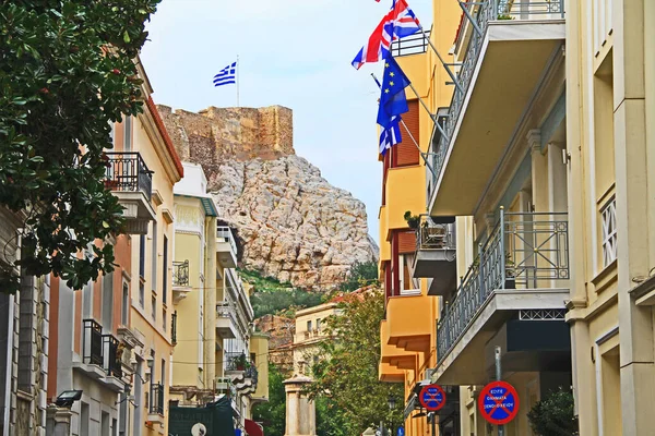 Looking Athens Greece City Street Lined Homes View Outer Wall — Stock Photo, Image