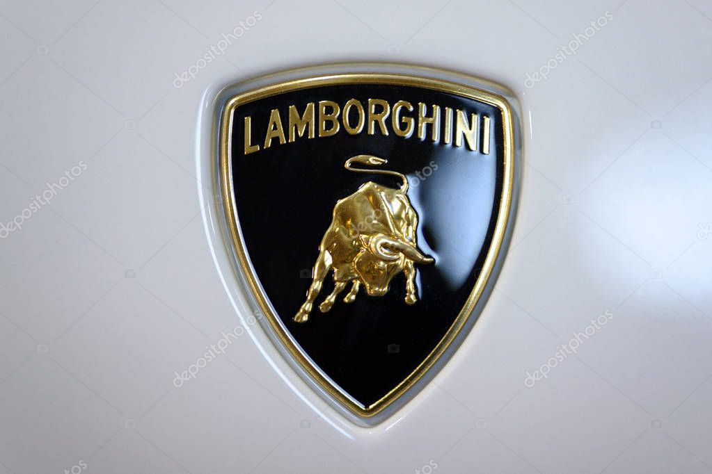 Krakow, Poland, May 21, 2017: Lamborghini sign close-up during MotoShow in Krakow. Automobili Lamborghini is a famous Italian car manufacturer.