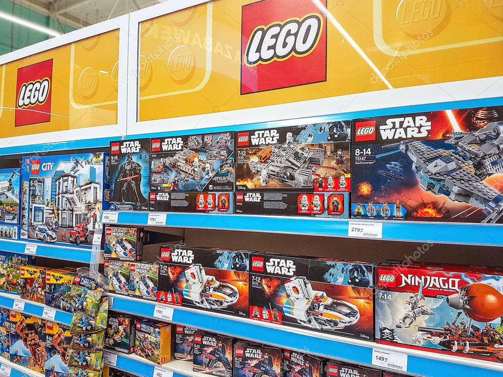 Nowy Sacz, Poland - June 16, 2017:  Lego construction kits for sale in the Tesco supermarket. Lego is a line of plastic construction toys that are manufactured by The Lego Group company in Denmark.