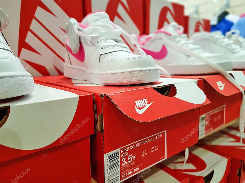 Nowy Sacz, Poland - June 16, 2017: Collection of trendy Nike sports shoes offered for sale at Martens Shop. Nike Inc.  is an American multinational manufacturer of sportswear.