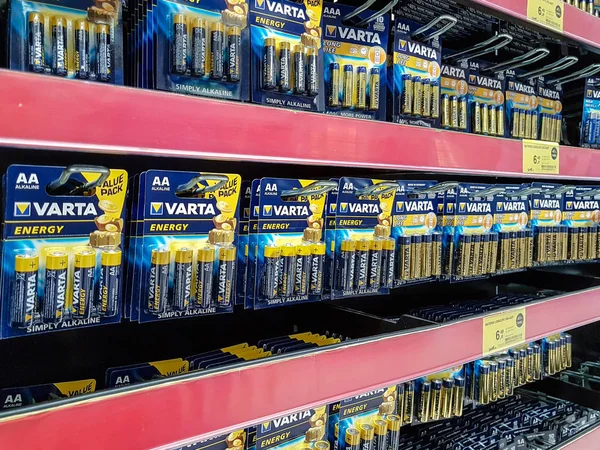 Varta batteries for sale in a supermarket — Stock Photo, Image