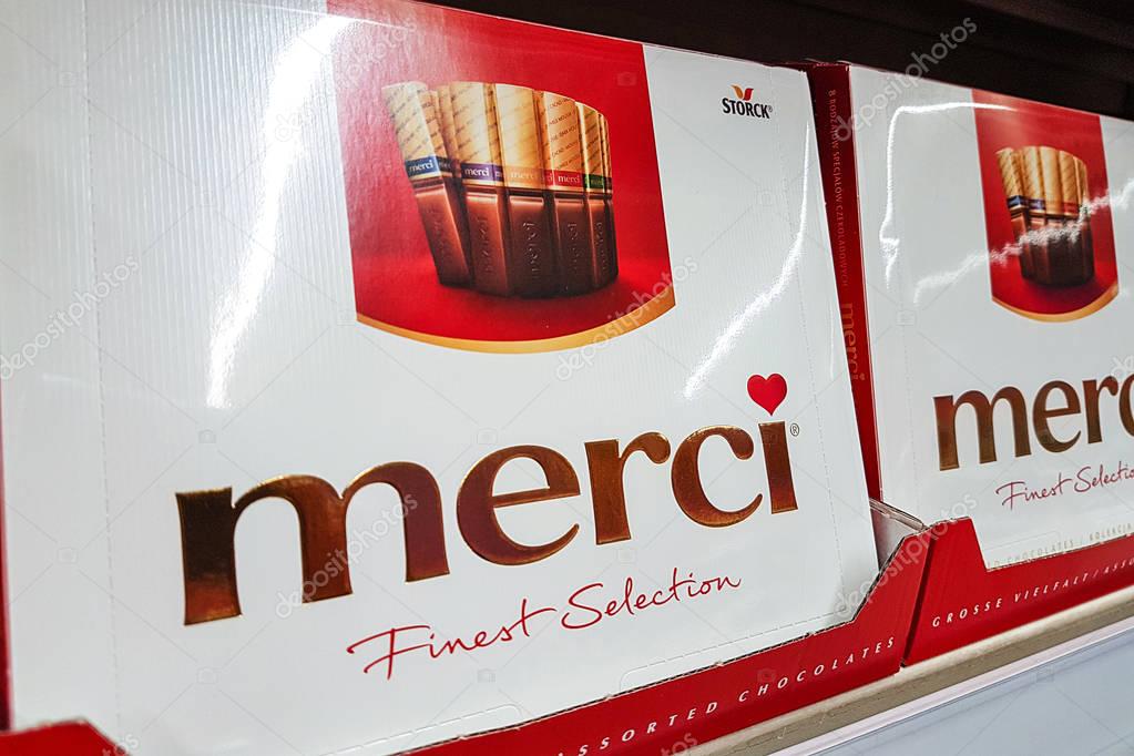 Nowy Sacz, Poland - November 23, 2017: Merci Chocolates  on store shelves for sale in a Tesco Hypermarket.  Merci is produced by the German company August Storck KG, headquartered in Berlin.