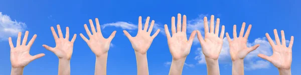 Group Caucasian White Children Showing Hands Open Palms Blue Sky — Stock Photo, Image