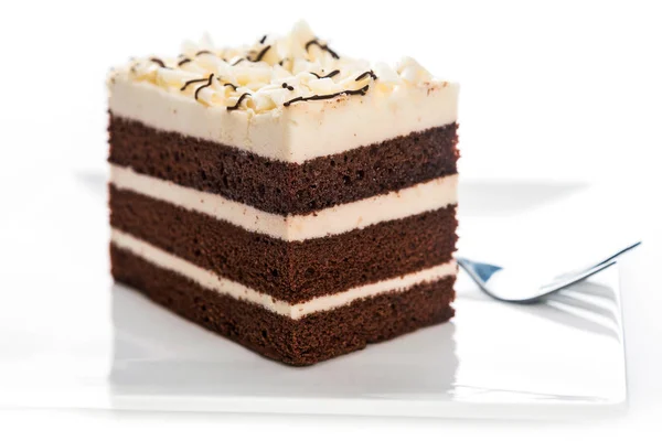 Kawałek ciasta biszkoptowego, na płycie — Zdjęcie stockowe