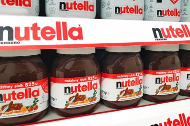 Nowy Sacz, Poland - February 21, 2020 : Various of Nutella product displayed at supermarket. Nutella is the brand of the Italian company Ferrero.