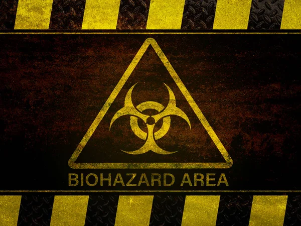 Triangle Biohazard Waarschuwingsbord Een Grunge Metaal Gele Gevarenstreep Textuur Achtergrond — Stockfoto