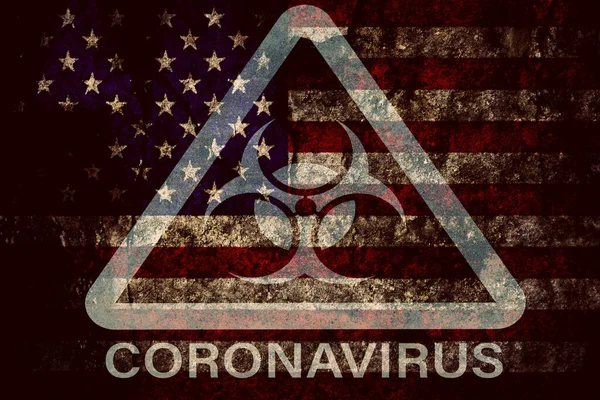Covid Triangle Biohazard Warning Sign Dark Grunge Usa Flag Mixed — Stock Photo, Image