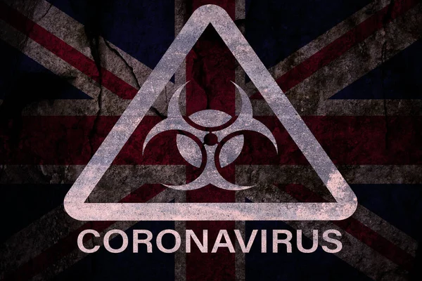 Covid Triangle Biohazard Warning Sign Dark Grunge United Kingdom Flag — Stock Photo, Image