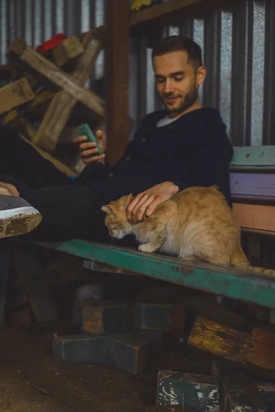 Man patting cat