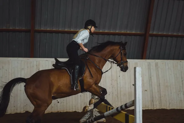 Meisje op paard door de hindernis springen — Stockfoto