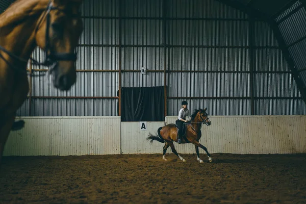 Mujer montando a caballo en arena — Foto de Stock