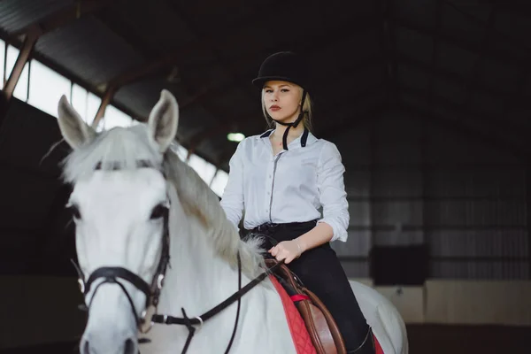 Mädchen im Outfit sitzt auf Pferd in der Arena — Stockfoto