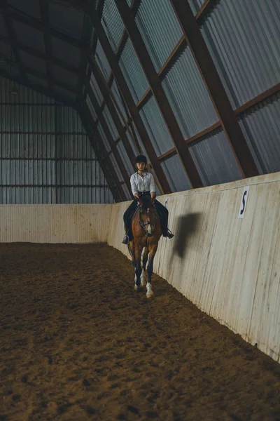 Meisje in outfit rijdt paard in arena — Stockfoto