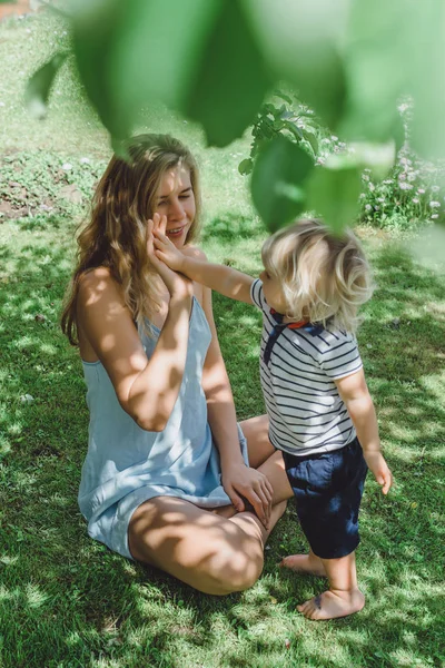 Cute Blonde Boy Young Mother Green Grass Outdoor — Stock Photo, Image