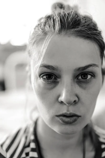 Emotional Portrait Abused Crying Beautiful Young Caucasian Woman Underwear Violence — Stock Photo, Image