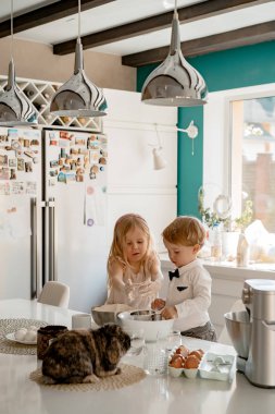Mutlu aile Paskalya tatiline hazırlanıyor. Anne ve çocuklar mutfakta kek pişiriyor ve yumurta boyuyor. Evcil tavşanlar