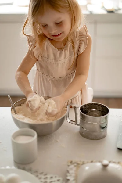 Girl Helps Mom Kitchen Cook Easter Cakes Happy Family Preparing — Stock Photo, Image