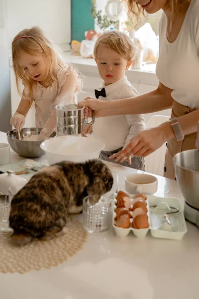 Felice Famiglia Che Prepara Vacanze Pasqua Mamma Con Bambini Cucina — Foto Stock