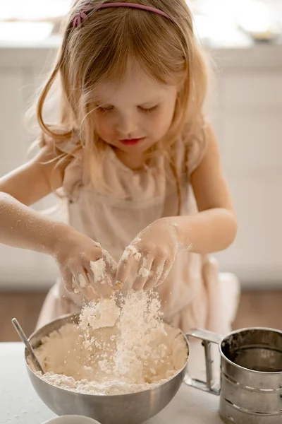 Girl Helps Mom Kitchen Cook Easter Cakes Happy Family Preparing — Stock Photo, Image