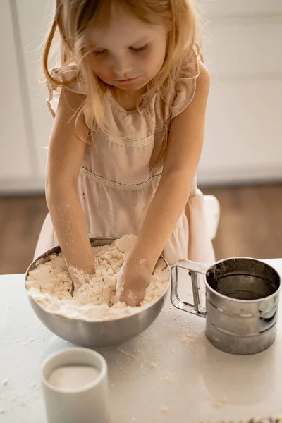 Girl Helps Mom Kitchen Cook Easter Cakes Happy Family Preparing — Stock Photo, Image