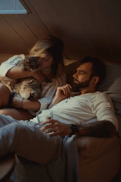 Genç Aşıklar Evlerinde Kanepede Kedileriyle Rahat Bir Akşam Geçirirler — Stok fotoğraf