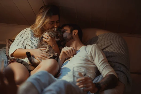恋爱中的年轻夫妇与一只猫在沙发上度过了一个舒适的夜晚 — 图库照片