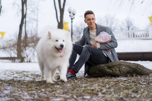 Boy friend with a bouquet of pink flowers hydrangea waiting for his girl friend and walking and playing with a dog. outdoors while snow is falling. Valetnine`s day concept, wedding proposal