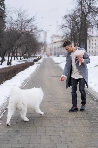 Boy friend with a bouquet of pink flowers hydrangea waiting for his girl friend and walking and playing with a dog. outdoors while snow is falling. Valetnine`s day concept, wedding proposal