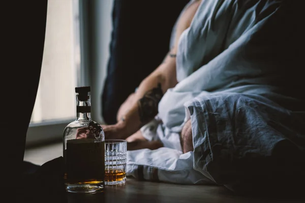 Man Drinks Whiskey Home Weekend Mood — Stock Photo, Image