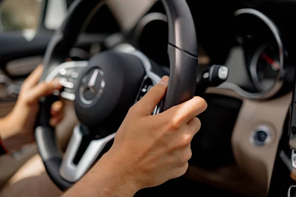 Male Hands Steering Wheel Car — Stock Photo, Image