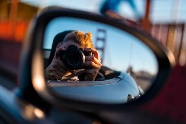 Young Woman Taking Photo Rear View Mirror Car Travel Lifestyle — Stock Photo, Image