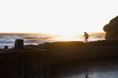 Point Lobos, San Francisco, Kaliforniya Plajları 'nda yağmurluk giyen genç bir kadın.