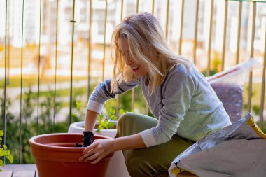 Genç kadın seramik saksılara bitki ekiyor.