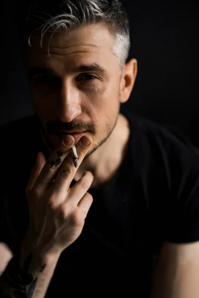 Middle Aged Man Portrait Young Attractive Man Close Man Smokes — Stock Photo, Image