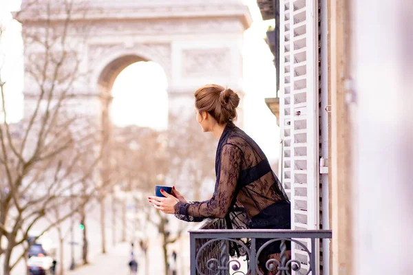 Attractive Yang Woman Pajama Drinking Coffee Balcony — Stock Photo, Image