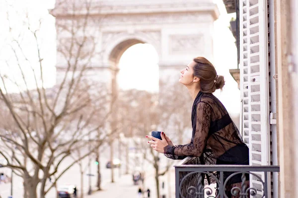 Attractive Yang Woman Pajama Drinking Coffee Balcony — Stock Photo, Image