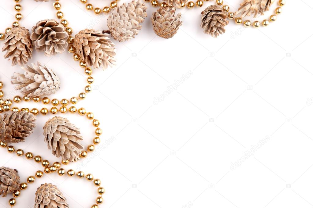 Christmas flat lay mockup desktop, pine cones & gold beads on a white background