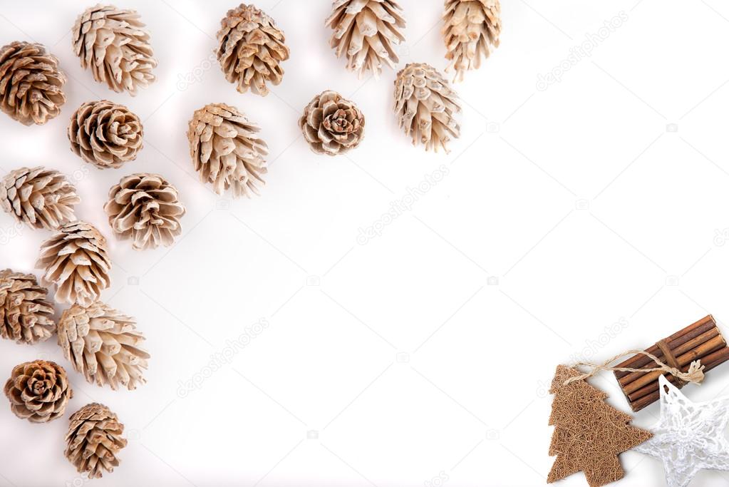 Christmas flat lay mockup desktop, pine cones on a white background