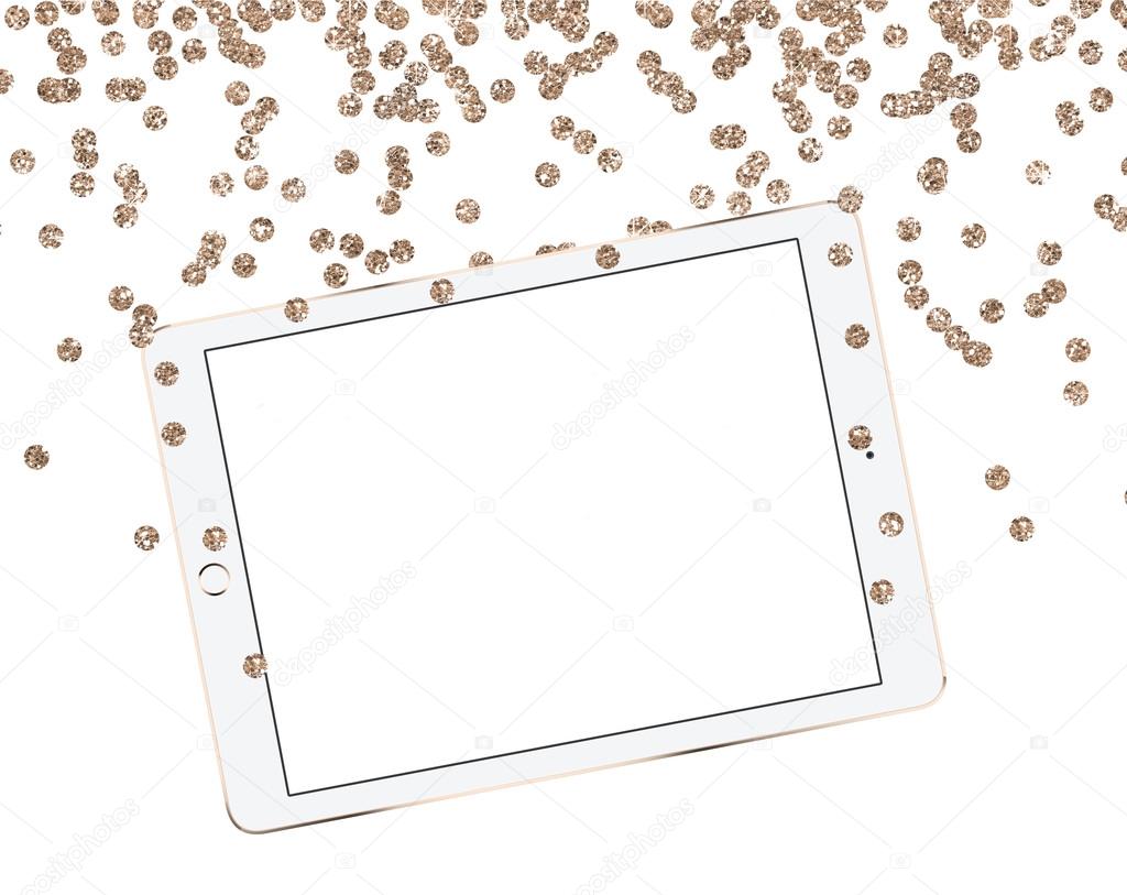 Christmas gold sequin mock-up desktop, tablet on a white background