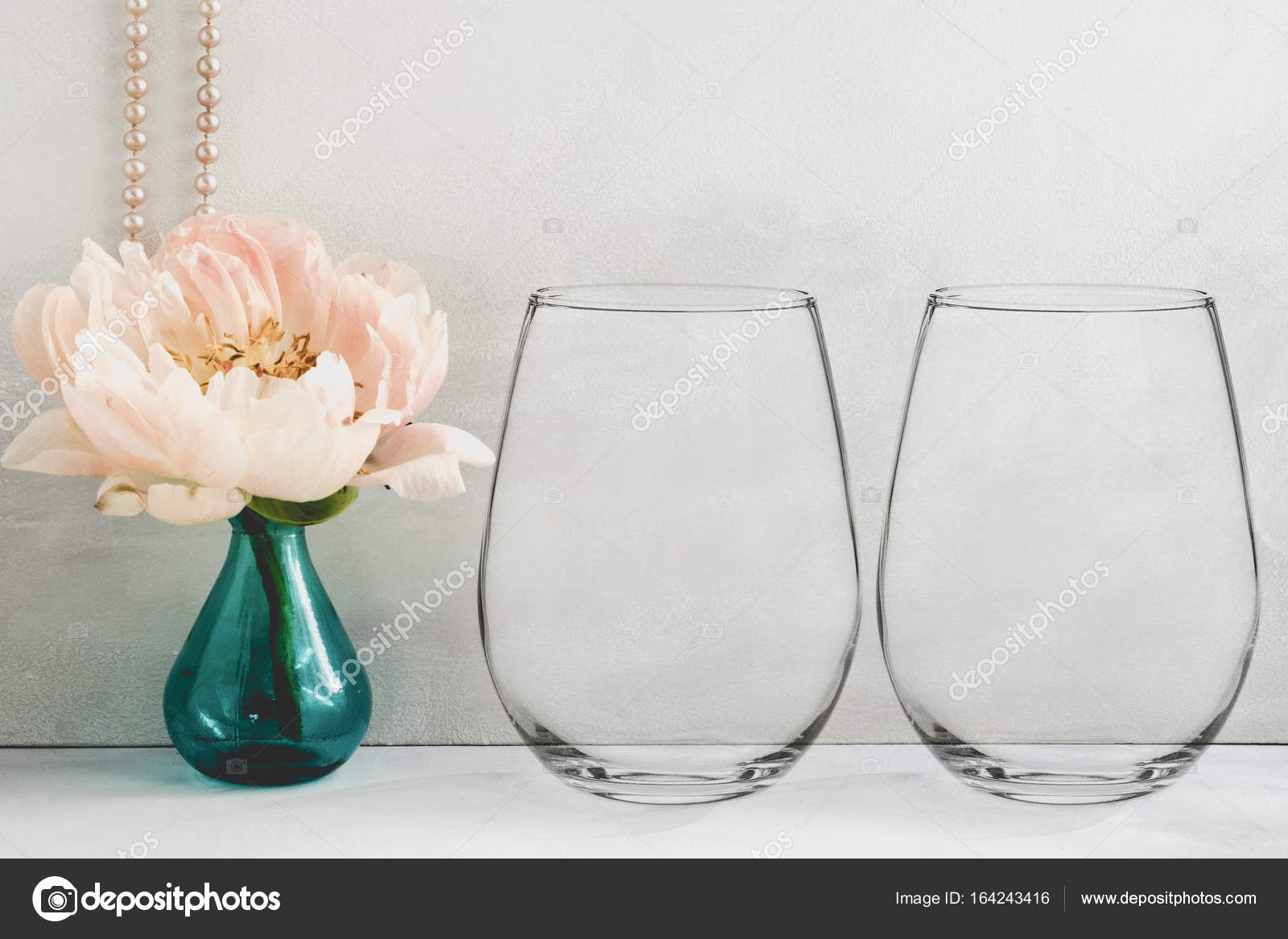 Mockup Stemless Wine Glasses Peony In A Vase Stock Photo Image By C Capdesign 164243416